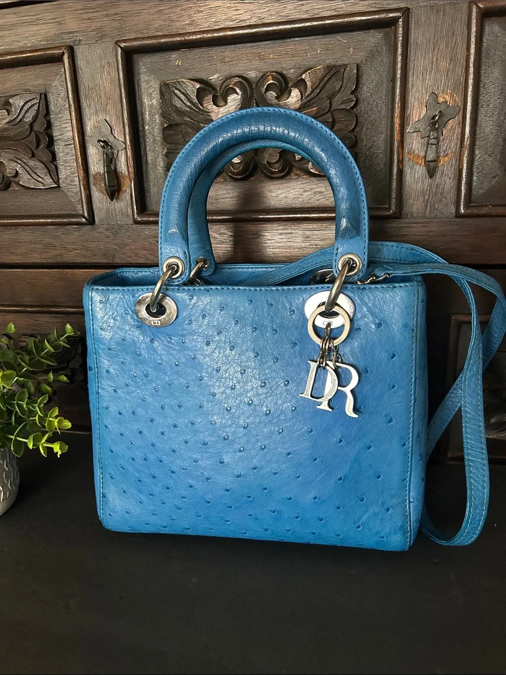 Beautiful Blue Ostrich-Textured Lady Tote with DR Charm
